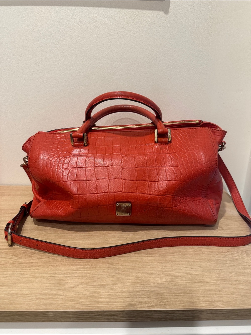 MCM Red Croc-Embossed Leather Satchel Bag